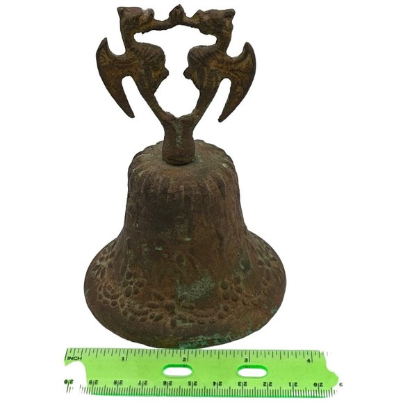 Vintage 5" X 3.5" Double Dragon Handle Bronze Bell Aged Verdigris Rust Set Prop - Picture 6 of 8